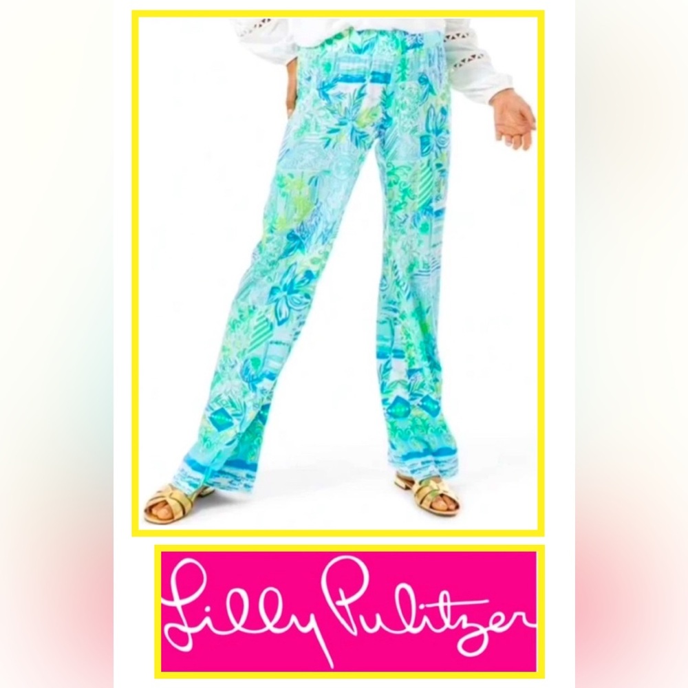 LILLY PULITZER Whisper Blue Green Bal Harbour Mid-Rise Palazzo Pants Large NWT - Picture 4 of 15